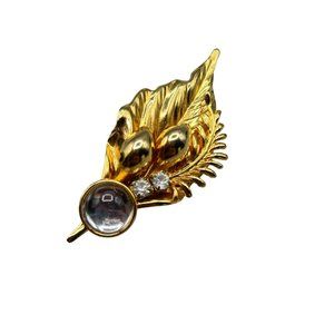 Vintage 90s Pin Brooch Shiny Gold Tone Feather Leaf Faux Jewels Costume Jewelry